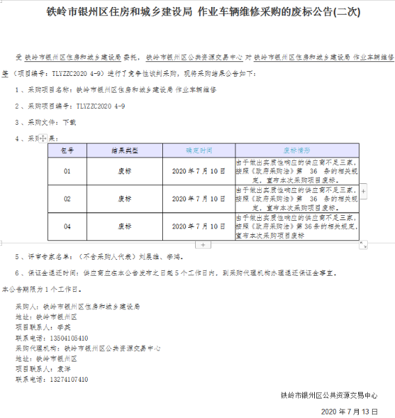 铁岭市银州区住房和城乡建设局 作业车辆维修采购的废标公告(二次)